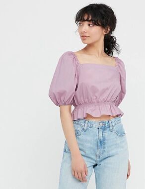 Uniqlo Puff-Sleeve Cropped Purple Sz Large Blouse
